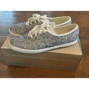 Kate Spade New York Keds Silver Multi Glitter Lace Up Shoes 7 Feminine Ribbon